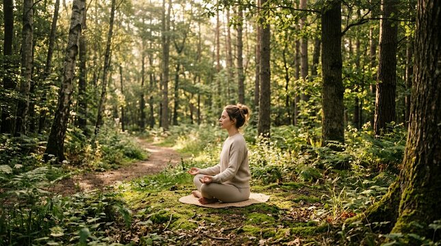 Woman Meditating in a Serene Forest Setting.