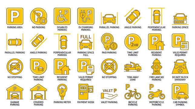 Parking and traffic regulation icons for urban transportation management