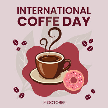 International Coffee Day poster with coffee cup and donut illustration retro cafe beverage celebration design