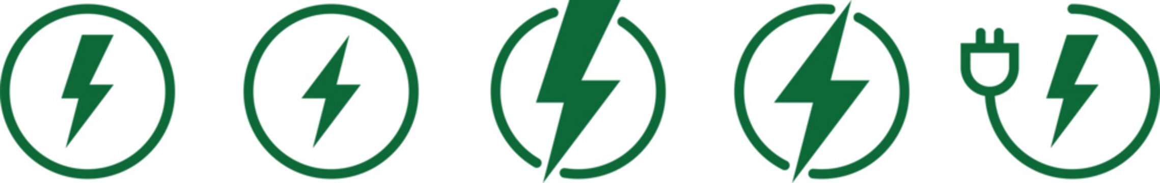 Set of green electricity icons with lightning bolts