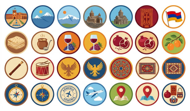 Armenia cultural travel badge icons with Yerevan landmarks and traditional symbols vector set