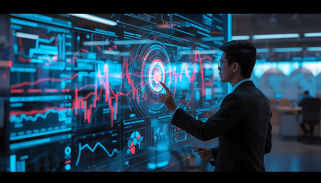 Professional analyst interacts with a large high-tech digital touch screen displaying market data.