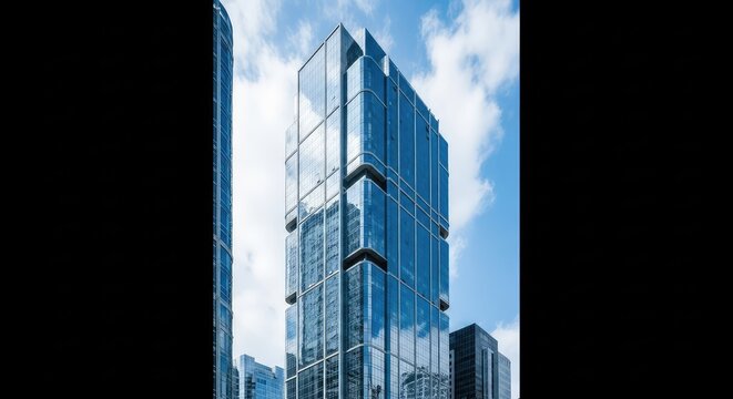 A sleek skyscraper displays a shimmering glass exterior with geometric reflections of a bright sky and contemporary architectural curves, glass, metal, construction