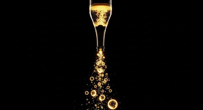 A stylized upside down sparkling wine bottle pours glowing abstract golden bubbles into a vast empty space below against a dark background, beverage, copy space, art