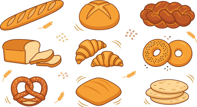 Vector bakery bread icons collection featuring cartoon baguette sliced loaf croissant bagel pretzel challah round bun pita and wheat stalks elements