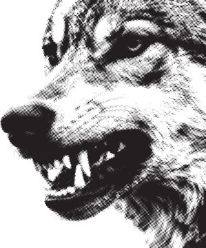 Grinning wolf head in profile with halftone dots and stark contrast for graphic design
