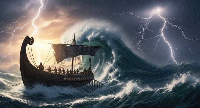 A weathered wooden trireme battles massive dark waves under a sky illuminated by jagged lightning bolts during a powerful ocean storm, maritime, electric, sea