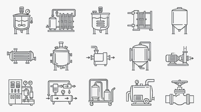 Corporate Set of Monochromatic Brewery and Beverage Production Equipment Lineup with high quality professional line art symbols for modern creative design and digital branding projects