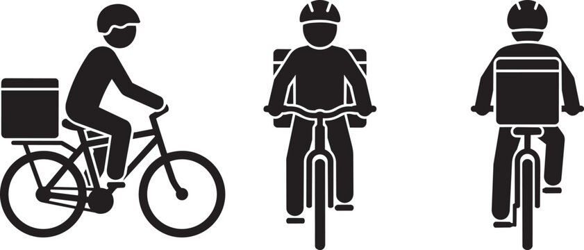 delivery cyclist silhouettes icons set front, side and back views vector illustration