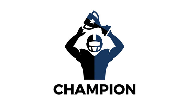 A stylized American football player raising a trophy.