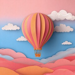 Obraz premium Colorful Hot Air Balloon Floating in Bright Sky with Fluffy Clouds