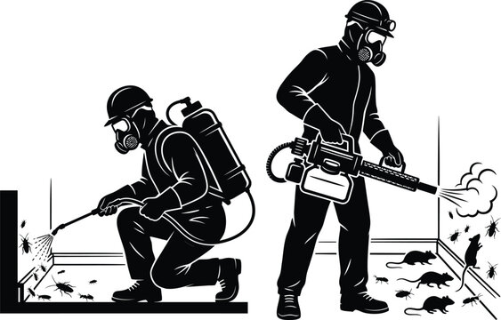 Silhouette of professional pest control exterminators in protective gear spraying insects and rodents with chemicals