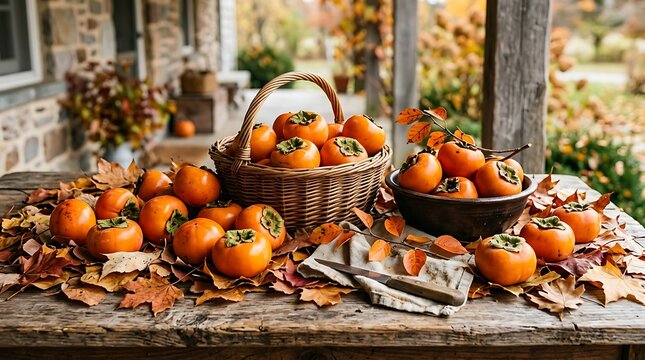 Ripe persimmons scattered on a wooden table with autumn leaves
