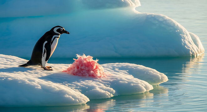 Penguin carrying pink ball on ice - A cute penguin standing on icy terrain while holding a bright pink ball in its beak, evoking playful and adorable wildlife moments.