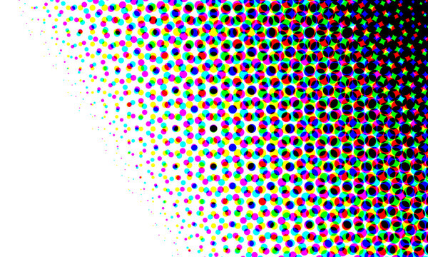 Retro halftone dot pattern background, vibrant CMYK pop art texture, colorful gradient halftone screen effect for creative print design