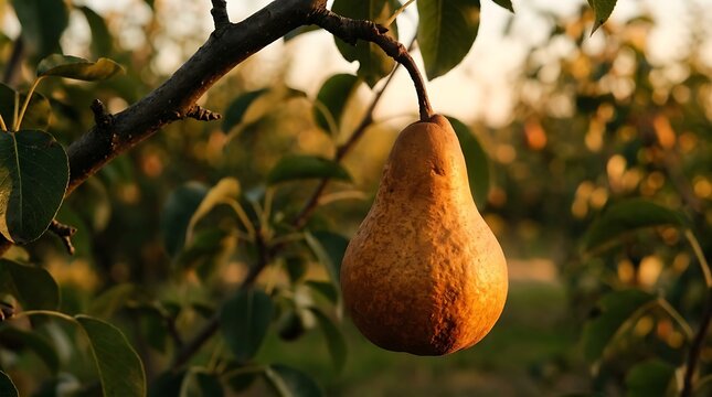 A pear hangs from a tree branch in a lush orchard at sunset.