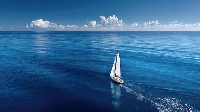Sailboat cruising on a vast blue ocean under a cloudy sky