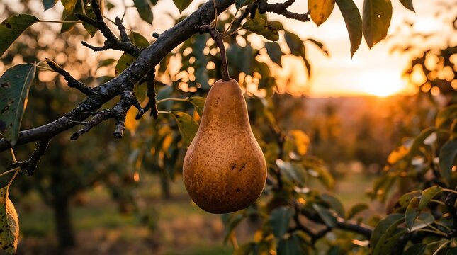 A ripe pear hangs from a tree branch in an orchard at sunset.