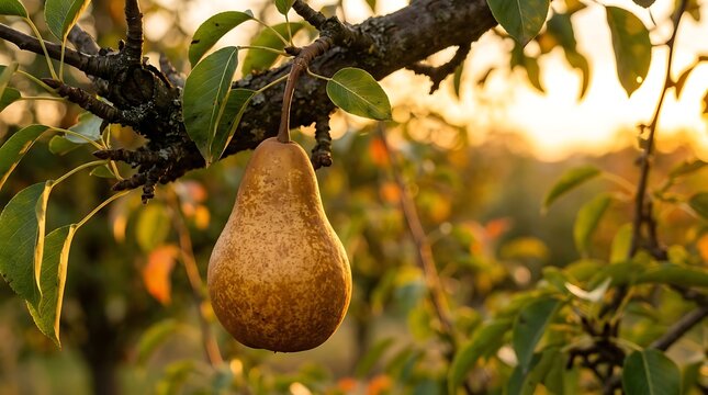 A pear hangs from a tree branch surrounded by green leaves during sunset in an orchard.