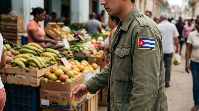 Man wearing cuba flag patch at busy street market
