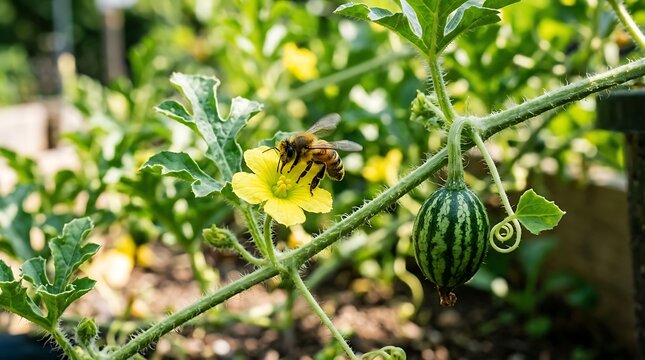 Honeybee lands on yellow flower near small watermelon in garden