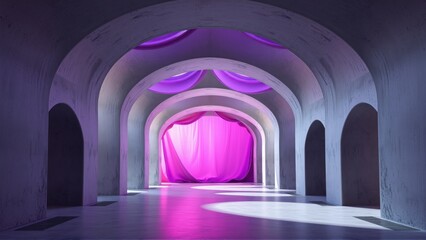 Fototapeta premium Vaulted corridor features soft pink illumination. Dramatic arches create depth, leading eyes toward vibrant fabric display. Minimalist aesthetic.