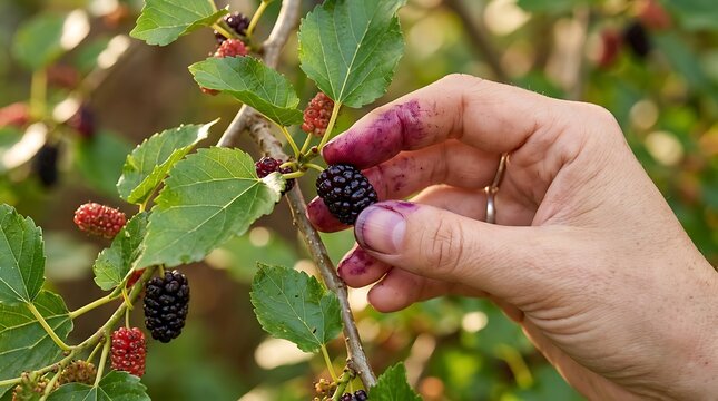 A hand picking blackberries from a bush with green leaves and ripe fruit