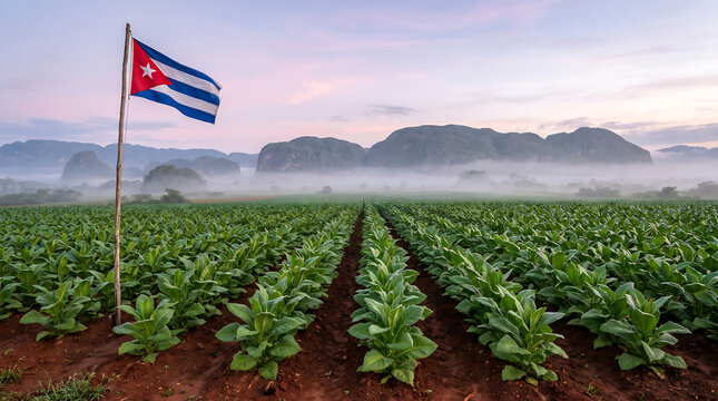 Cuba flag waving over tobacco field in Vinales Valley