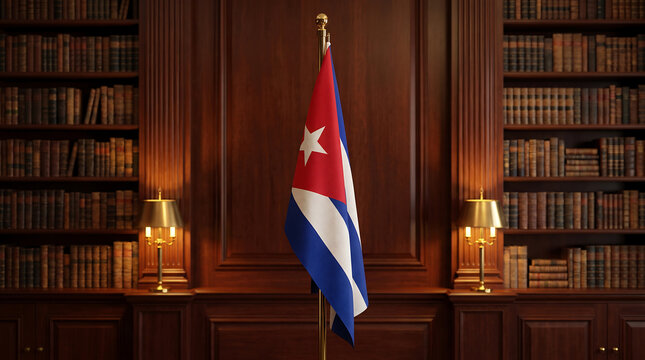 National Cuba flag standing in a classic wooden library office