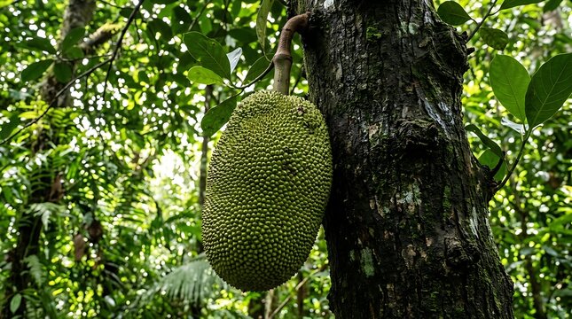 A large green jackfruit hangs from a tree branch in a lush forest.