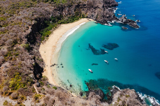Aerial view of Baia do Sancho and its turquoise cove, Fernando de Noronha, Pernambuco, Brazil