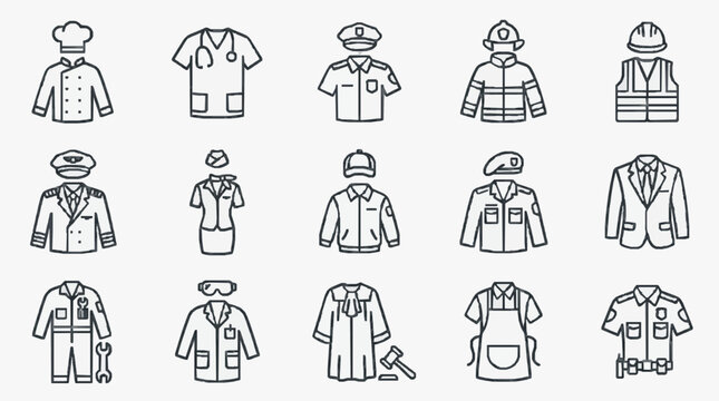 Sleek Black and White Line Icons Set of 15 Distinctive Professional Occupations Outfits with high quality professional line art symbols for modern creative design and digital branding projects