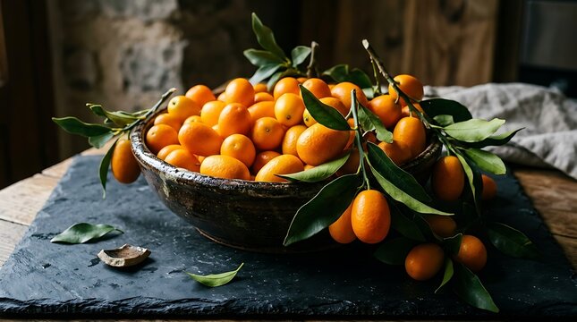 A ceramic bowl overflows with vibrant orange kumquats on a rustic wooden table indoors.