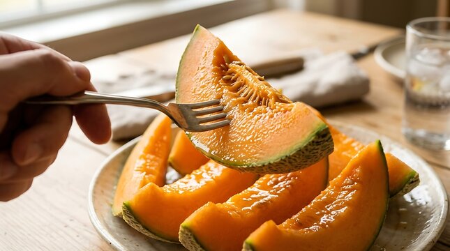 A hand holds a fork with a slice of melon above a plate of fresh cut melon pieces on a wooden table indoors.