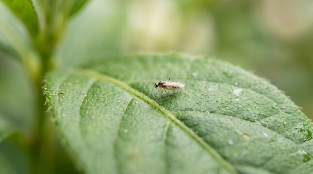 Tiny insect resting on a vibrant green leaf in nature macro photography.