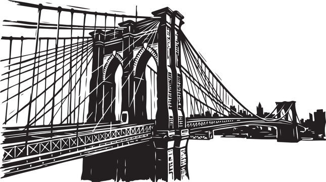 Black and white, illustration of Brooklyn Bridge, New York City landmark, vector graphic