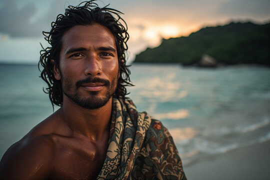 Portrait of a handsome Polynesian man in his early 30s standing on a tropical beach at sunset