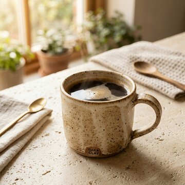 Warm Coffee Mug on Table with Sunlight and Plants.