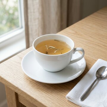 Warm Herbal Tea in a White Cup on a Wooden Table by the Window.