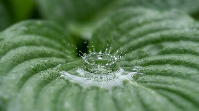 Water Droplet Splash on Green Leaf Macro Shot.