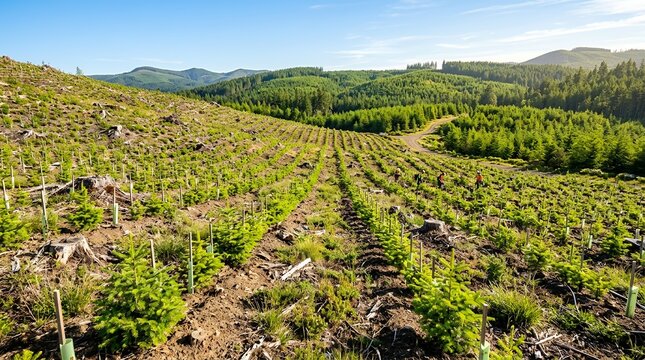Young forest plantation on a sunny day with rolling hills and blue sky.