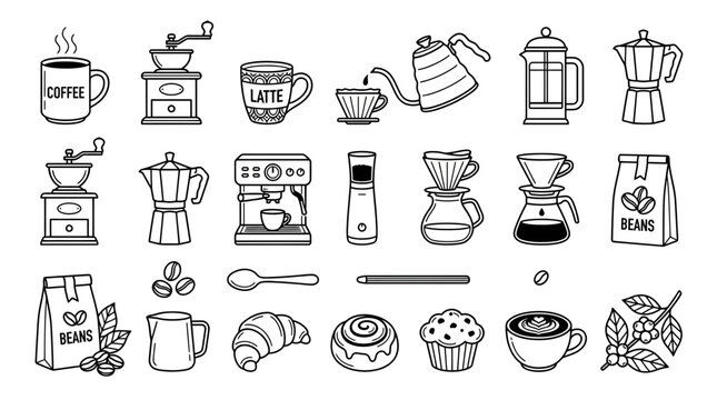Coffee Icons Set: Beans, Grinders, Mugs, Brewing Tools, Pastries, and More