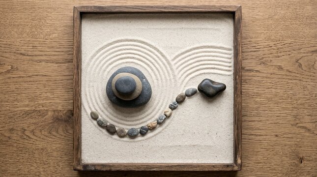 Zen Garden Miniature Rock Arrangement with Raked Sand and Wooden Frame.
