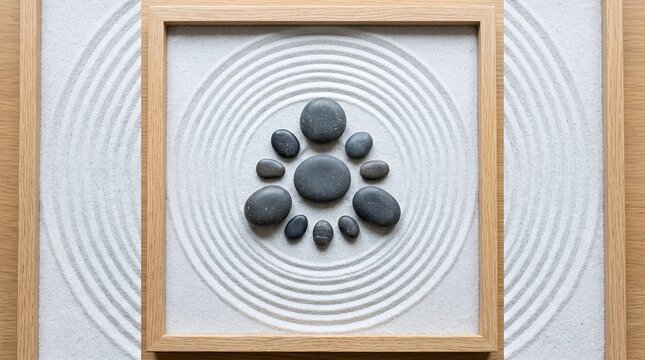 Zen Garden Stones Arranged in Circle on Raked Sand.