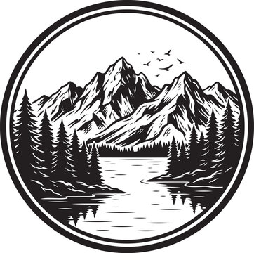 Mountain landscape, scenic vector, black and white illustration, circular frame