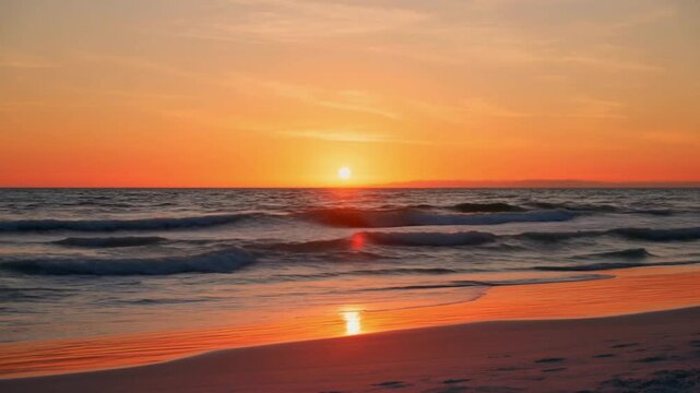 A serene beach at sunset with vibrant colors in the sky