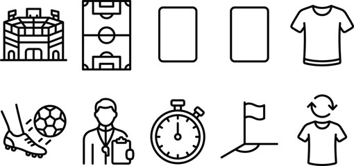 Professional football game icons showing match stadium field cards jerseys referee timer corner flag soccer. © Emongrapic