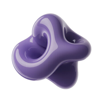 A smooth, glossy purple abstract with a complex, twisted, toroidal shape featuring hollow centers, isolated on a white background