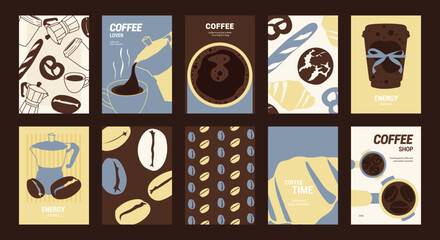 Fototapeta premium Coffee shop poster templates vector set. Retro cafe wall art with coffee cups, beans, latte art, espresso machine, moka pot, takeaway cup and croissant patterns