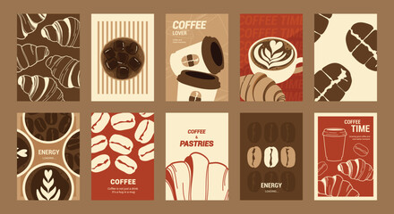 Fototapeta premium Coffee shop poster templates vector set. Retro cafe wall art with coffee cups, beans, latte art, espresso machine, moka pot, takeaway cup and croissant patterns